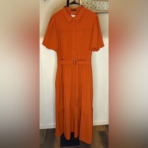 PrettyGarden Rust Orange Button Front Belted Midi Dress XL New